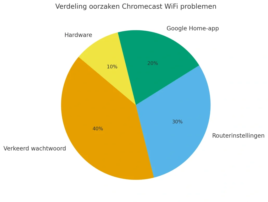 Pie chart met verdeling van oorzaken waarom Chromecast aan WiFi koppelen niet lukt: 40% verkeerd wachtwoord, 30% routerinstellingen, 20% Google Home-app en 10% hardware.